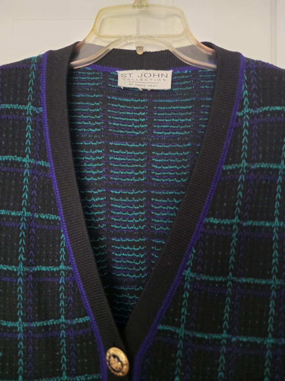 St. John Collection Black Plaid Knit Cardigan with Green & Purple Accents